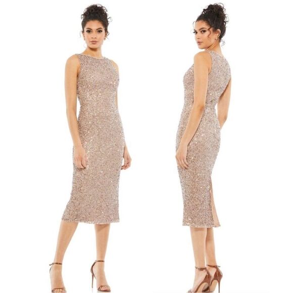 Mac Duggal SLEEVELESS SEQUINED MIDI SHEATH DRESS SZ 8 NWT - Picture 1 of 12